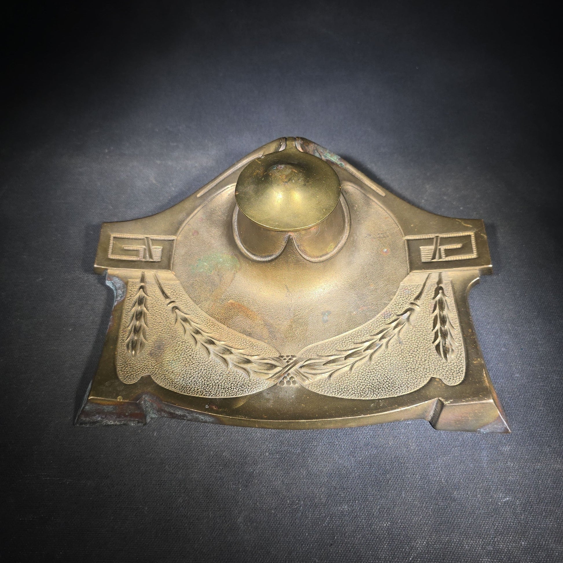 Antique Art Nouveau Brass Inkwell with Laurel Garland Swags and Greek Key Corners, Missing Glass Insert