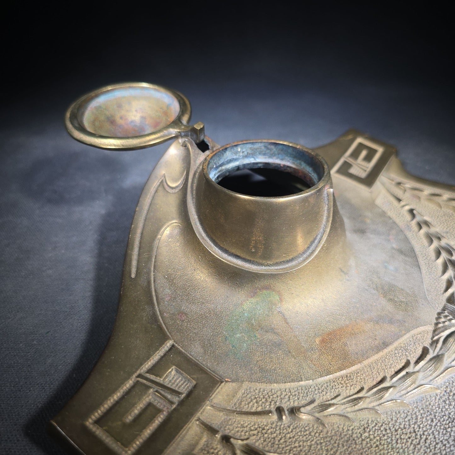 Antique Art Nouveau Brass Inkwell with Laurel Garland Swags and Greek Key Corners, Missing Glass Insert