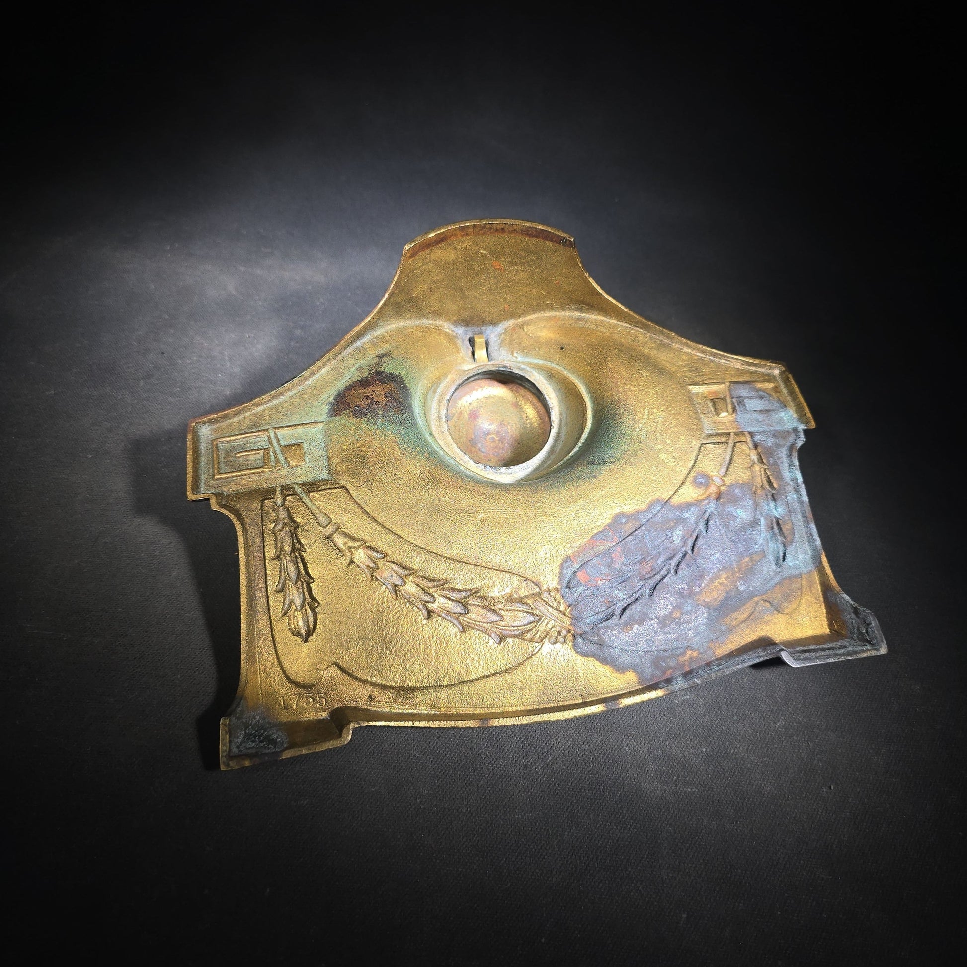 Antique Art Nouveau Brass Inkwell with Laurel Garland Swags and Greek Key Corners, Missing Glass Insert