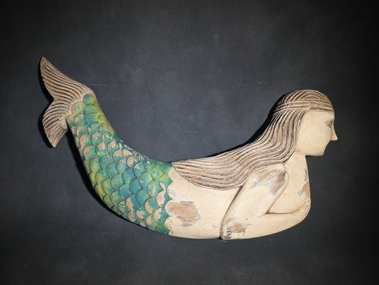 Modern Carved and Painted Wood Mermaid Wall Hanging with Green and Teal Scaled Tail