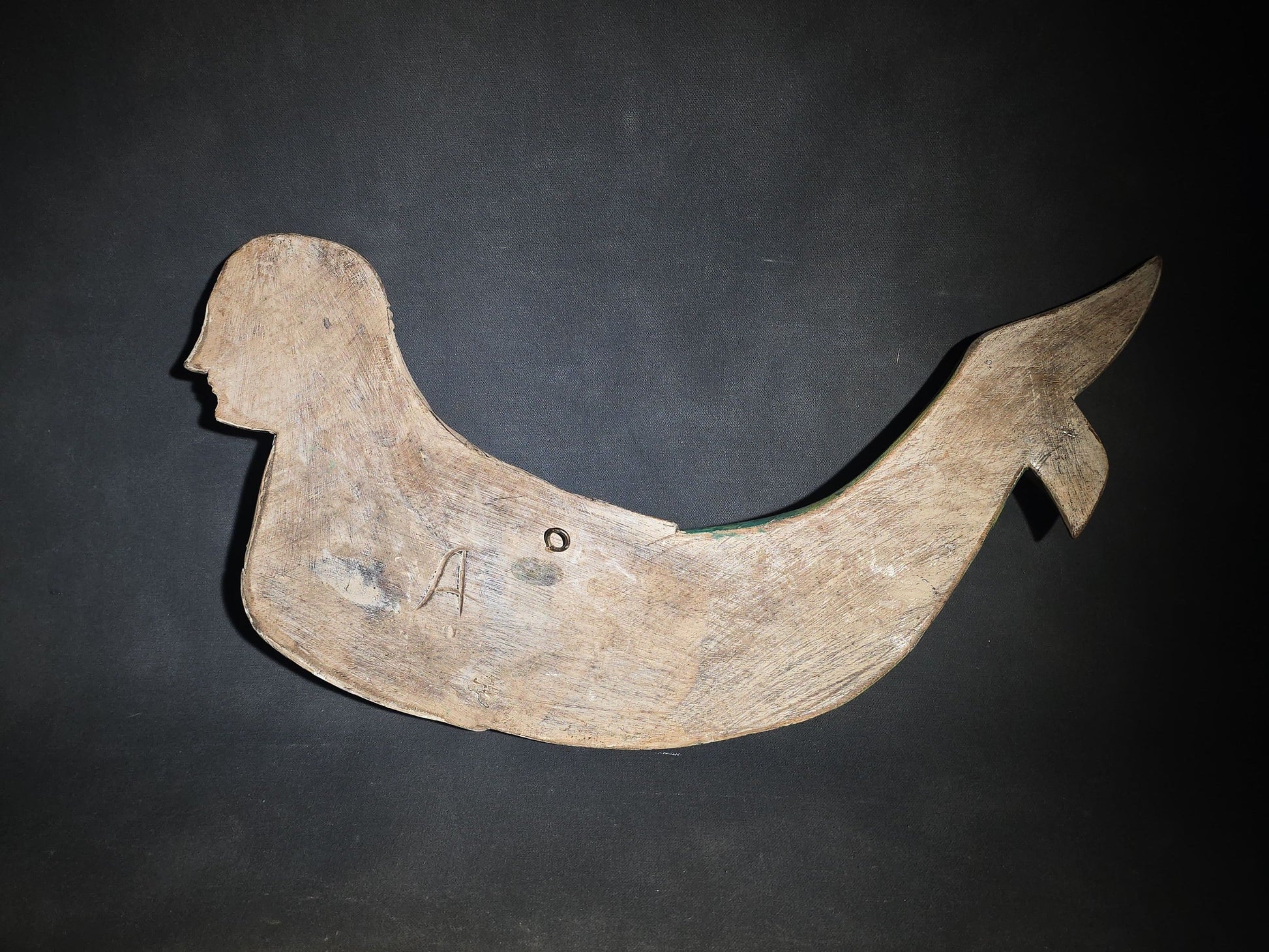Modern Carved and Painted Wood Mermaid Wall Hanging with Green and Teal Scaled Tail