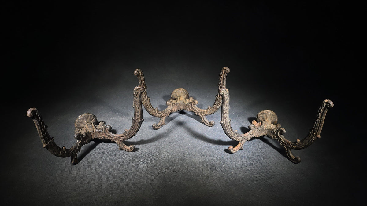 Trio of Antique Cast Iron Double Wall Hooks with Ornate Scroll Design, Note One with Loss