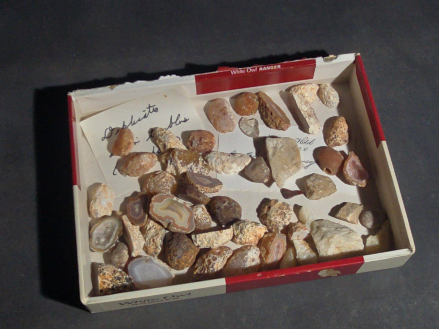 Grouping of Mineral and Agate Specimens with Handwritten Note Referencing Crystal Caves, Pennsylvania