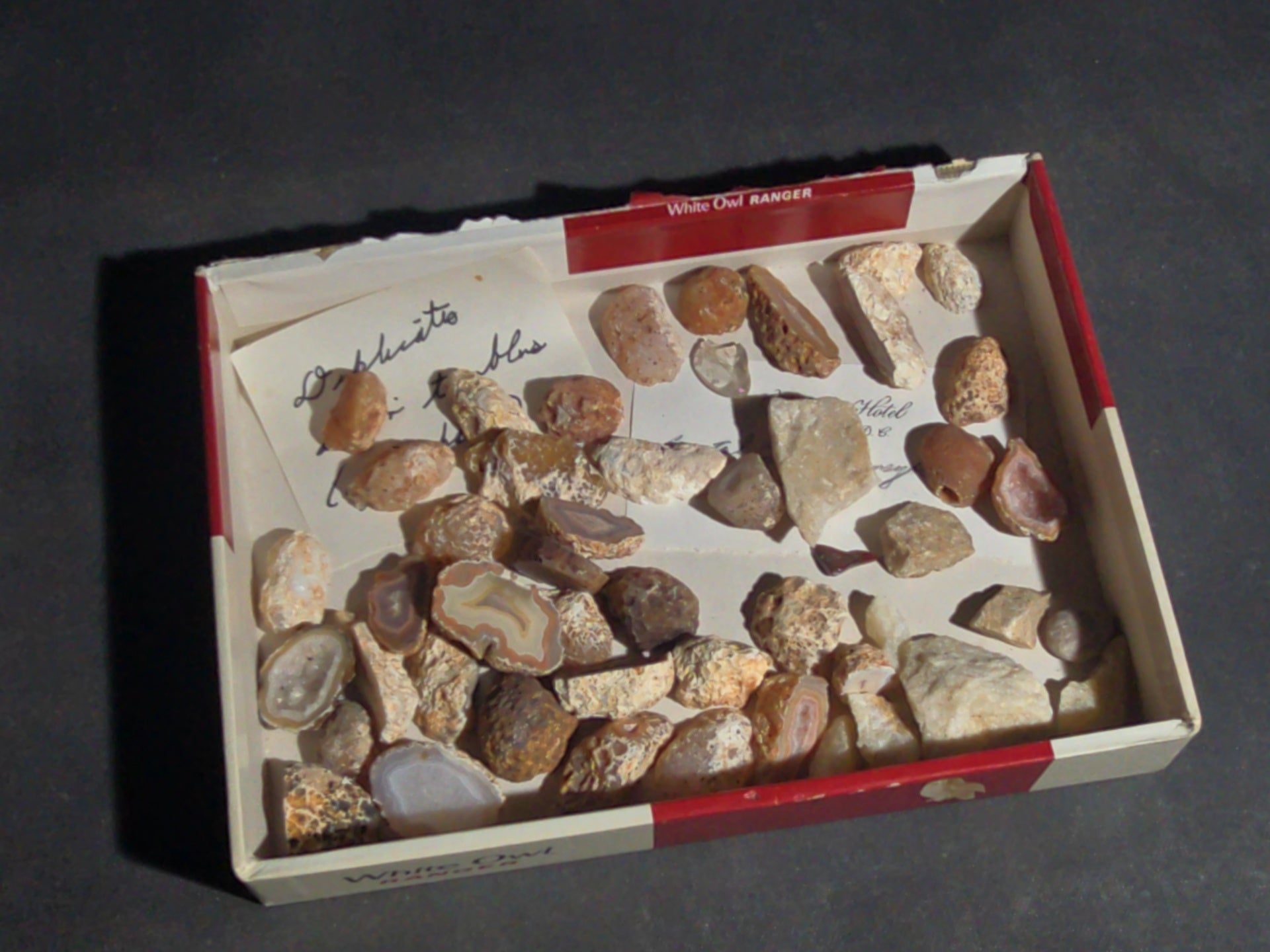 Grouping of Mineral and Agate Specimens with Handwritten Note Referencing Crystal Caves, Pennsylvania