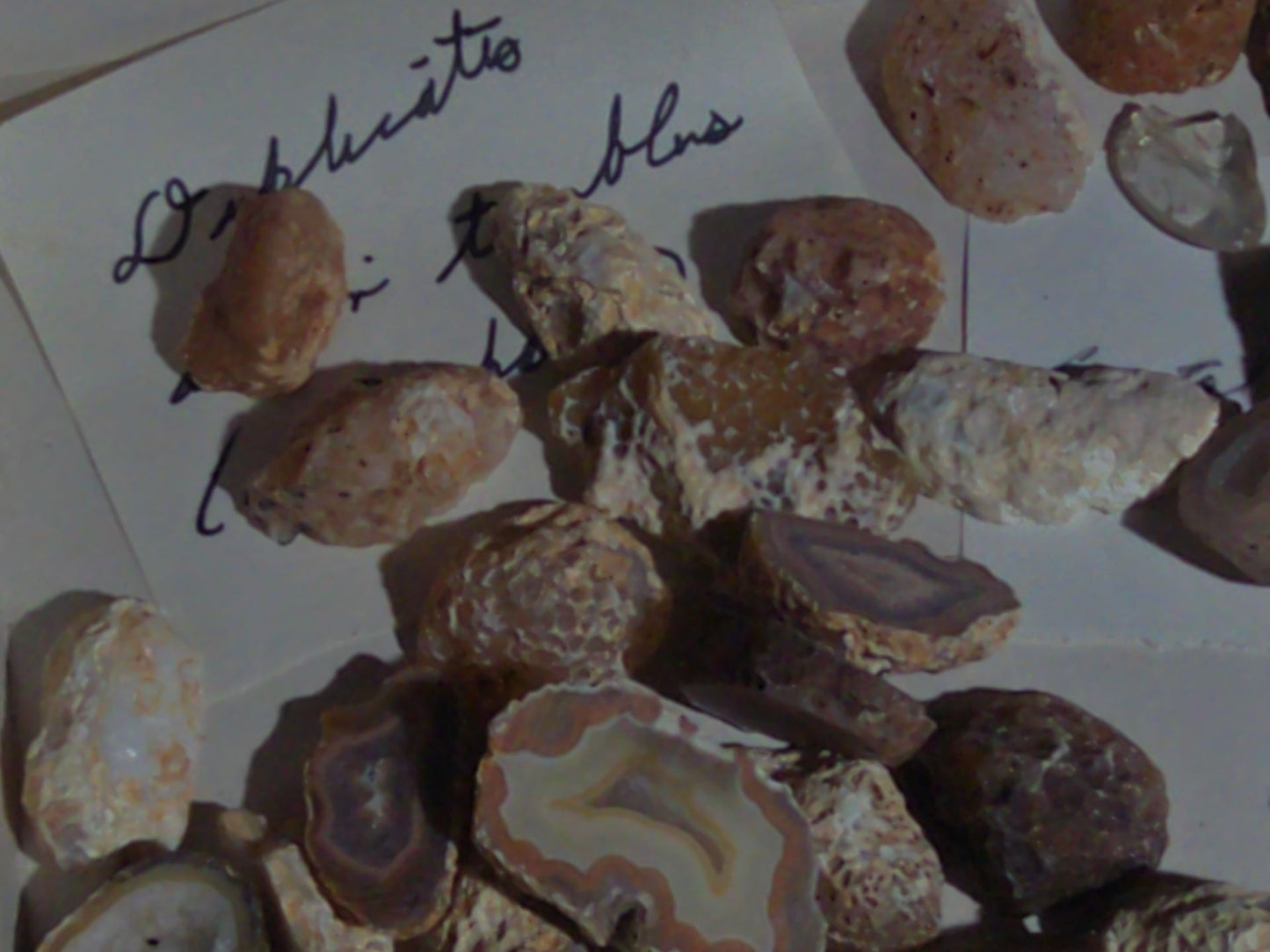 Grouping of Mineral and Agate Specimens with Handwritten Note Referencing Crystal Caves, Pennsylvania