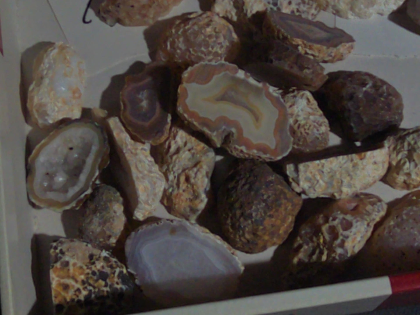 Grouping of Mineral and Agate Specimens with Handwritten Note Referencing Crystal Caves, Pennsylvania