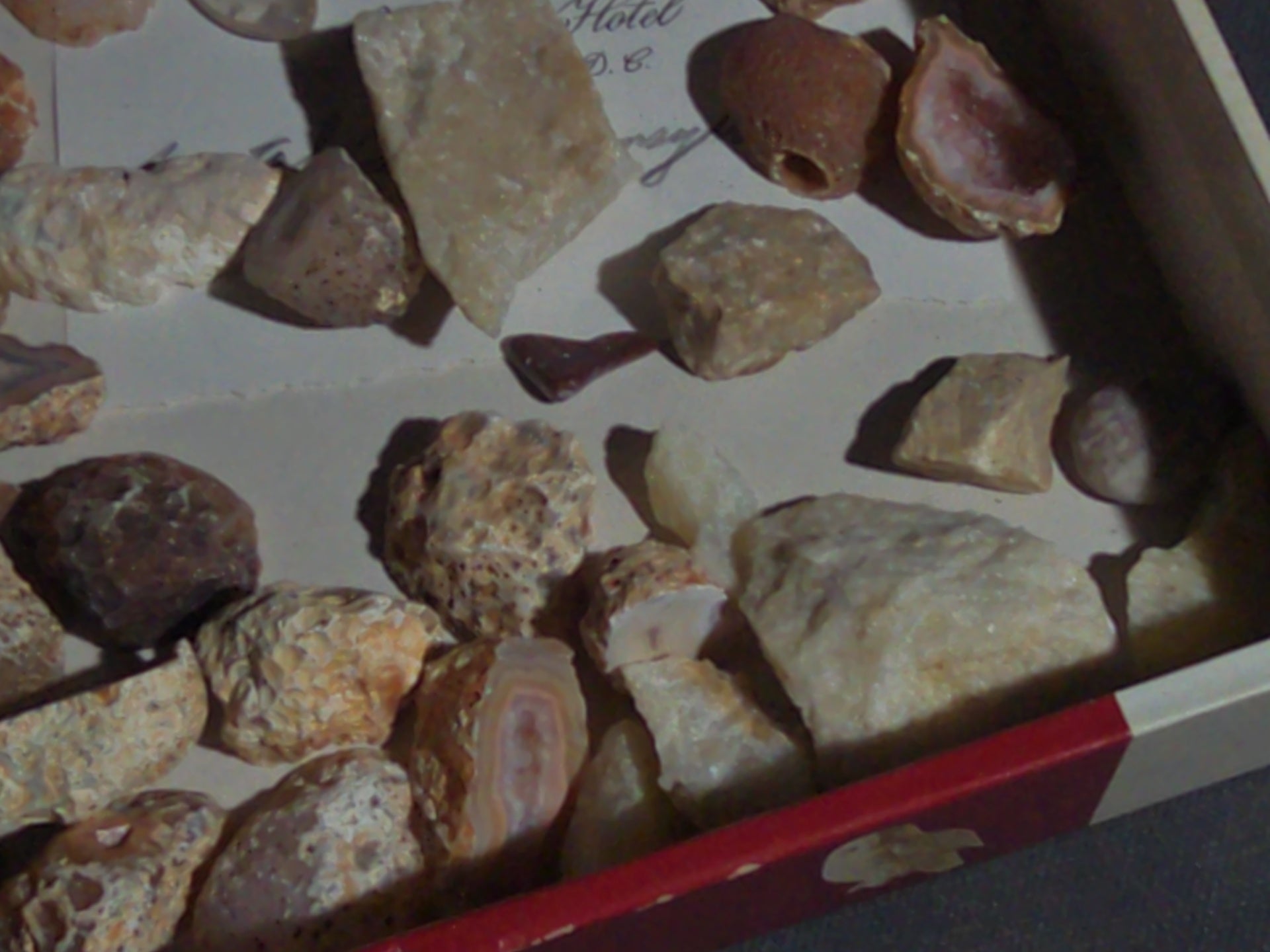 Grouping of Mineral and Agate Specimens with Handwritten Note Referencing Crystal Caves, Pennsylvania