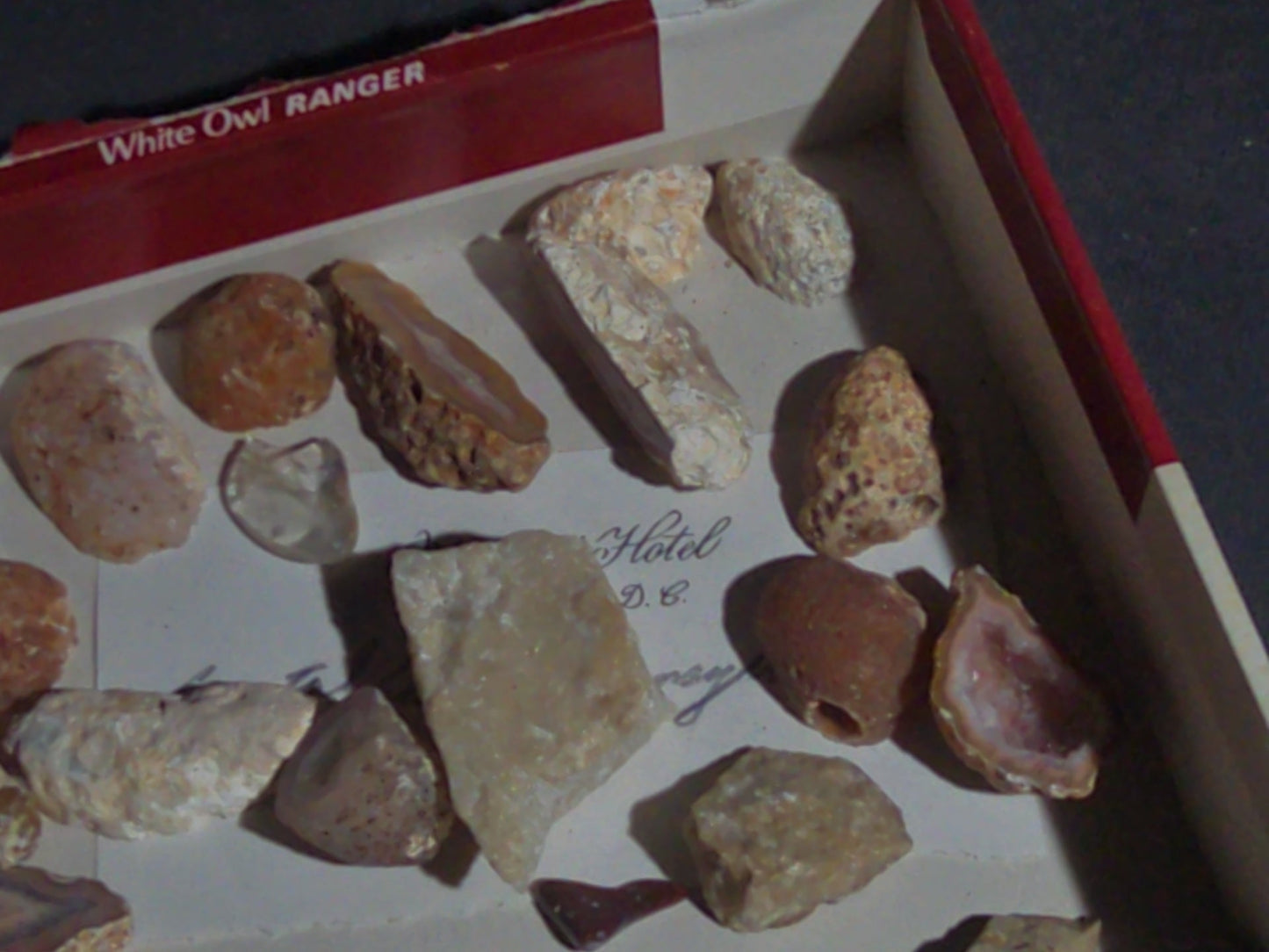 Grouping of Mineral and Agate Specimens with Handwritten Note Referencing Crystal Caves, Pennsylvania