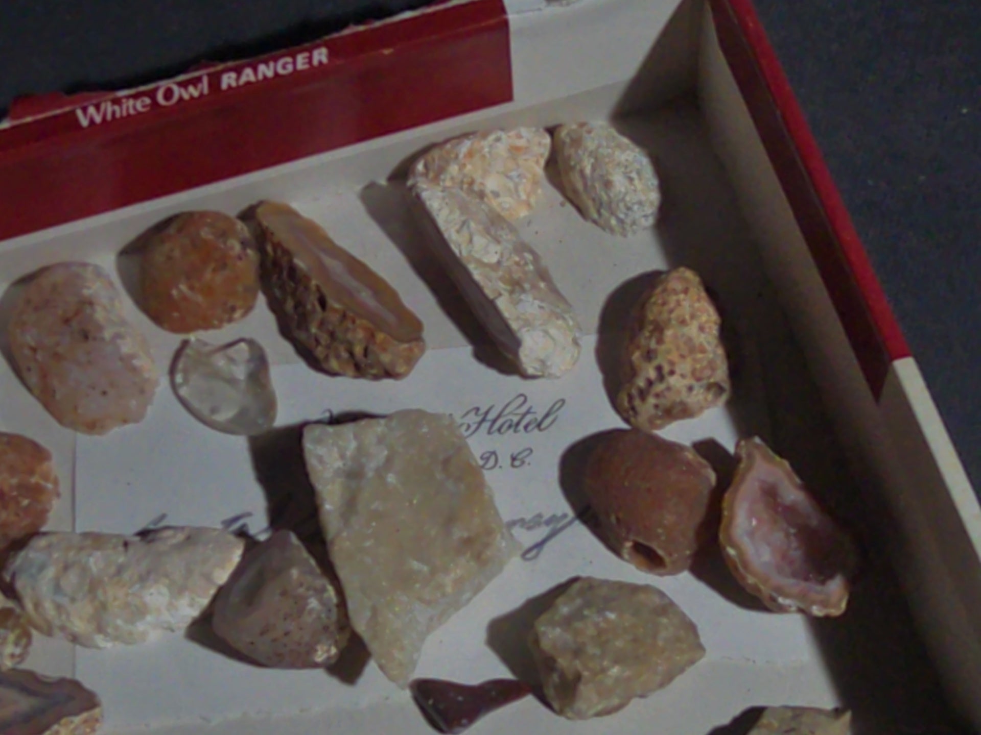 Grouping of Mineral and Agate Specimens with Handwritten Note Referencing Crystal Caves, Pennsylvania
