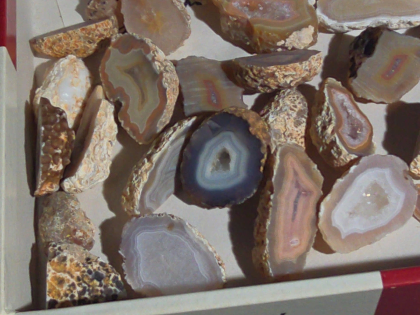 Grouping of Mineral and Agate Specimens with Handwritten Note Referencing Crystal Caves, Pennsylvania