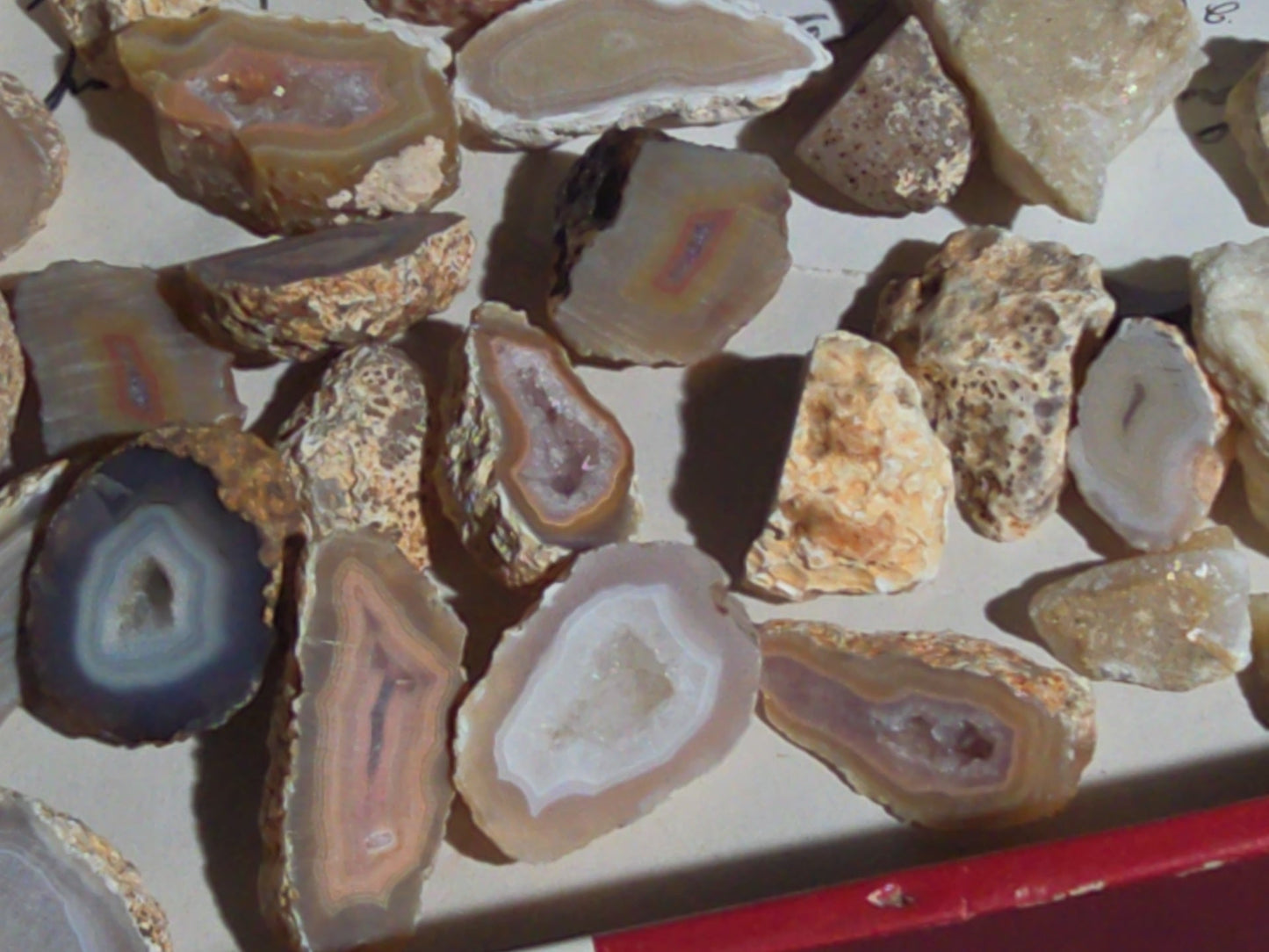 Grouping of Mineral and Agate Specimens with Handwritten Note Referencing Crystal Caves, Pennsylvania