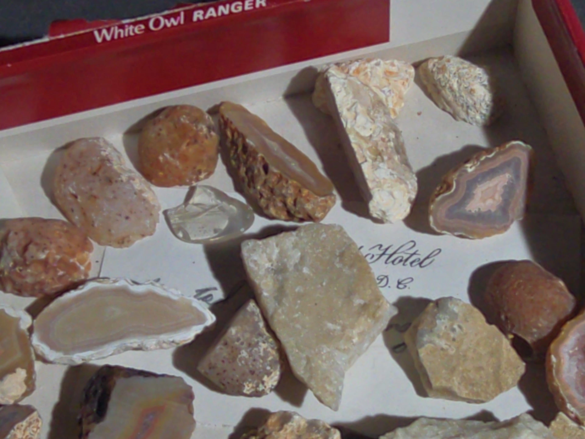 Grouping of Mineral and Agate Specimens with Handwritten Note Referencing Crystal Caves, Pennsylvania
