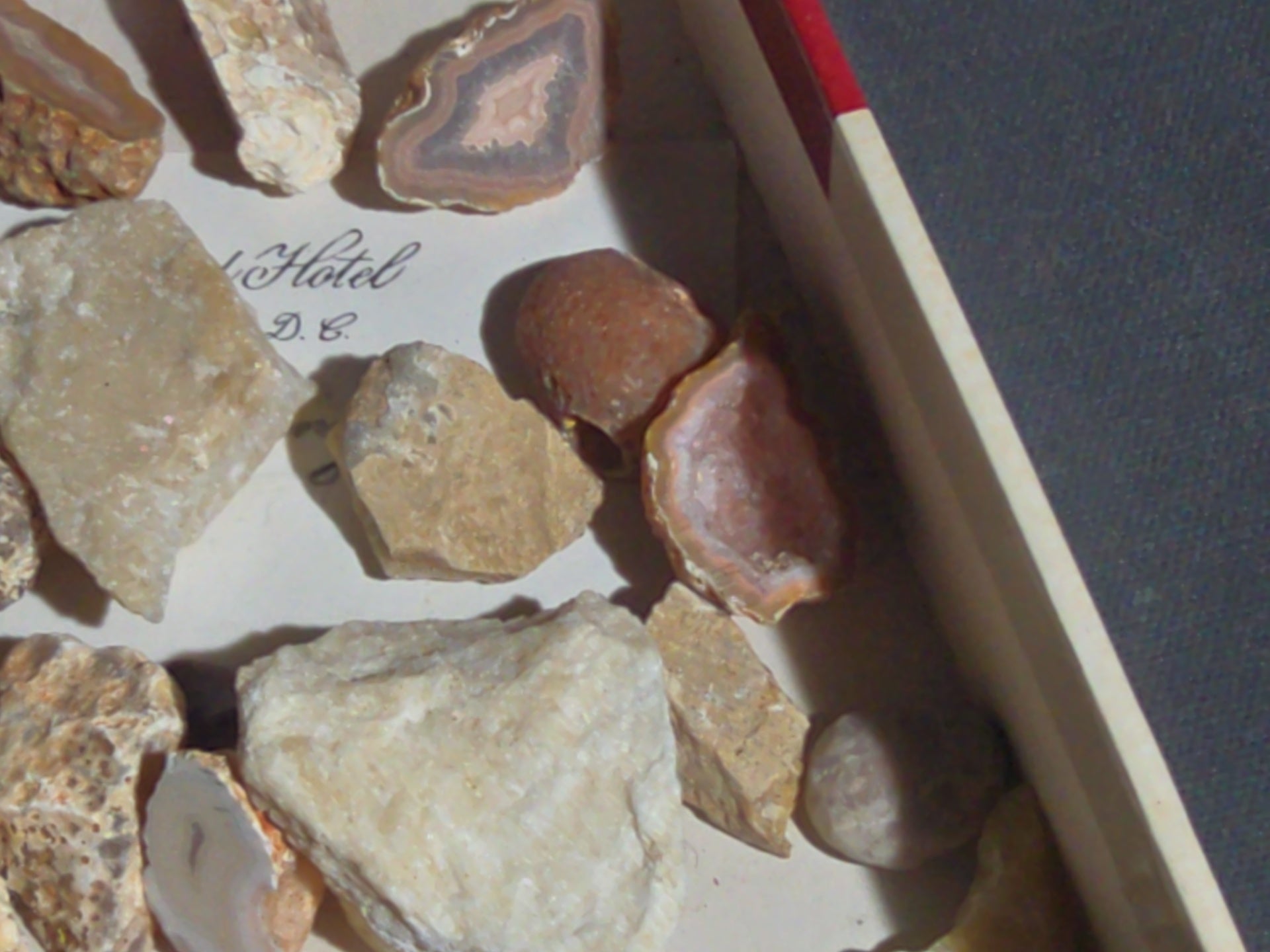 Grouping of Mineral and Agate Specimens with Handwritten Note Referencing Crystal Caves, Pennsylvania