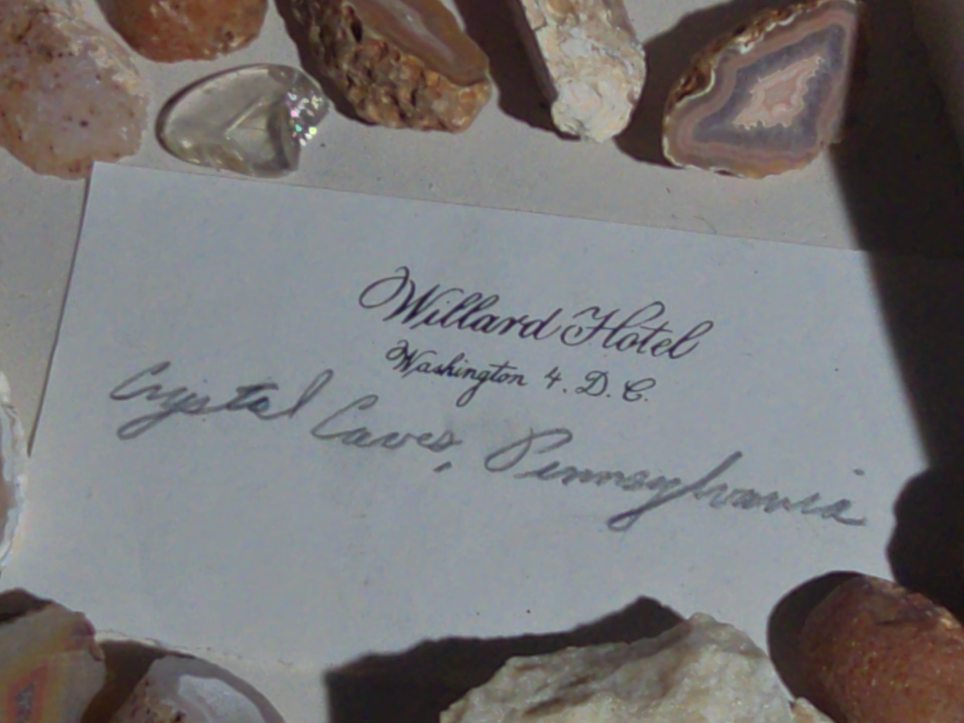 Grouping of Mineral and Agate Specimens with Handwritten Note Referencing Crystal Caves, Pennsylvania