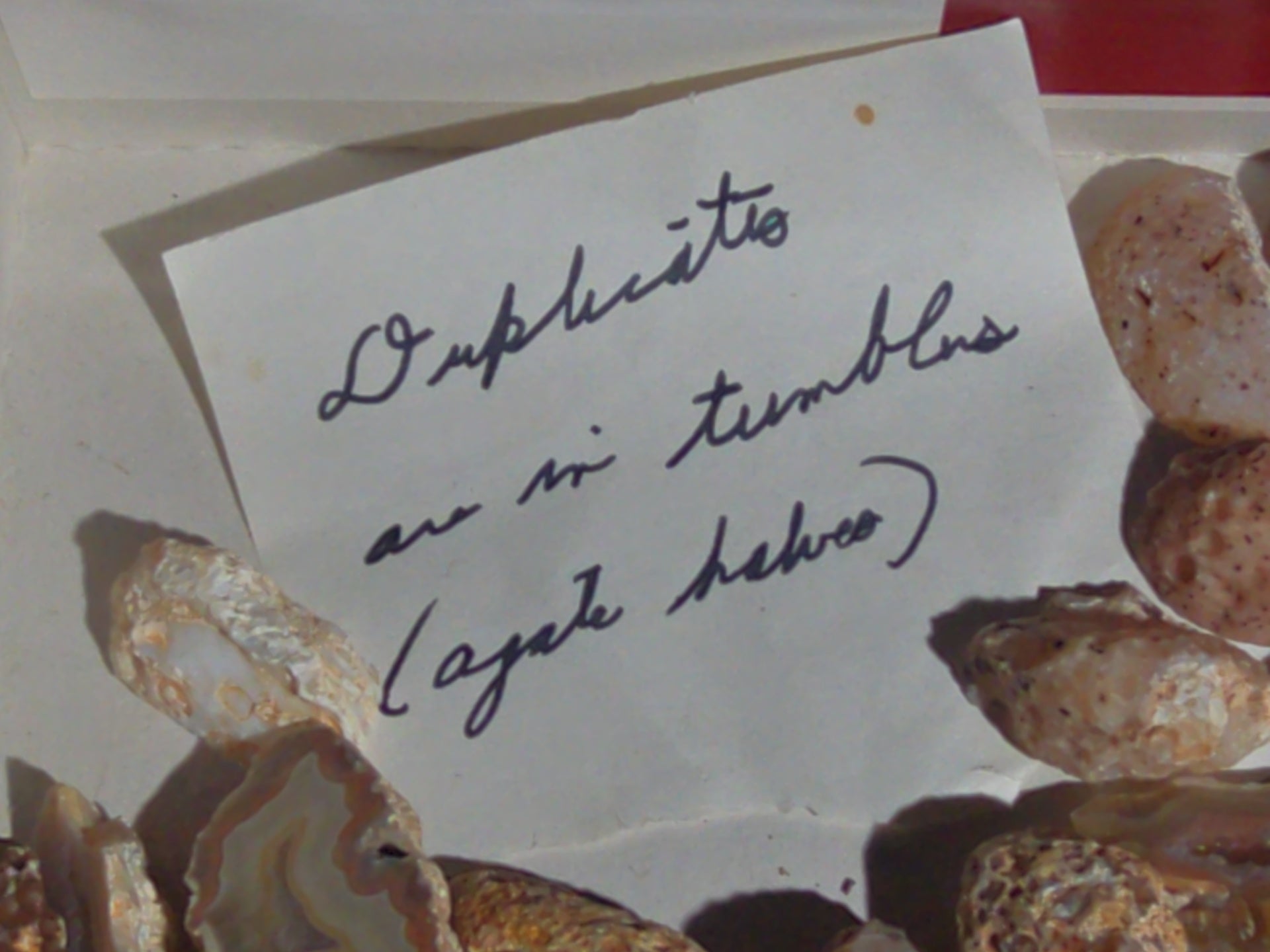 Grouping of Mineral and Agate Specimens with Handwritten Note Referencing Crystal Caves, Pennsylvania