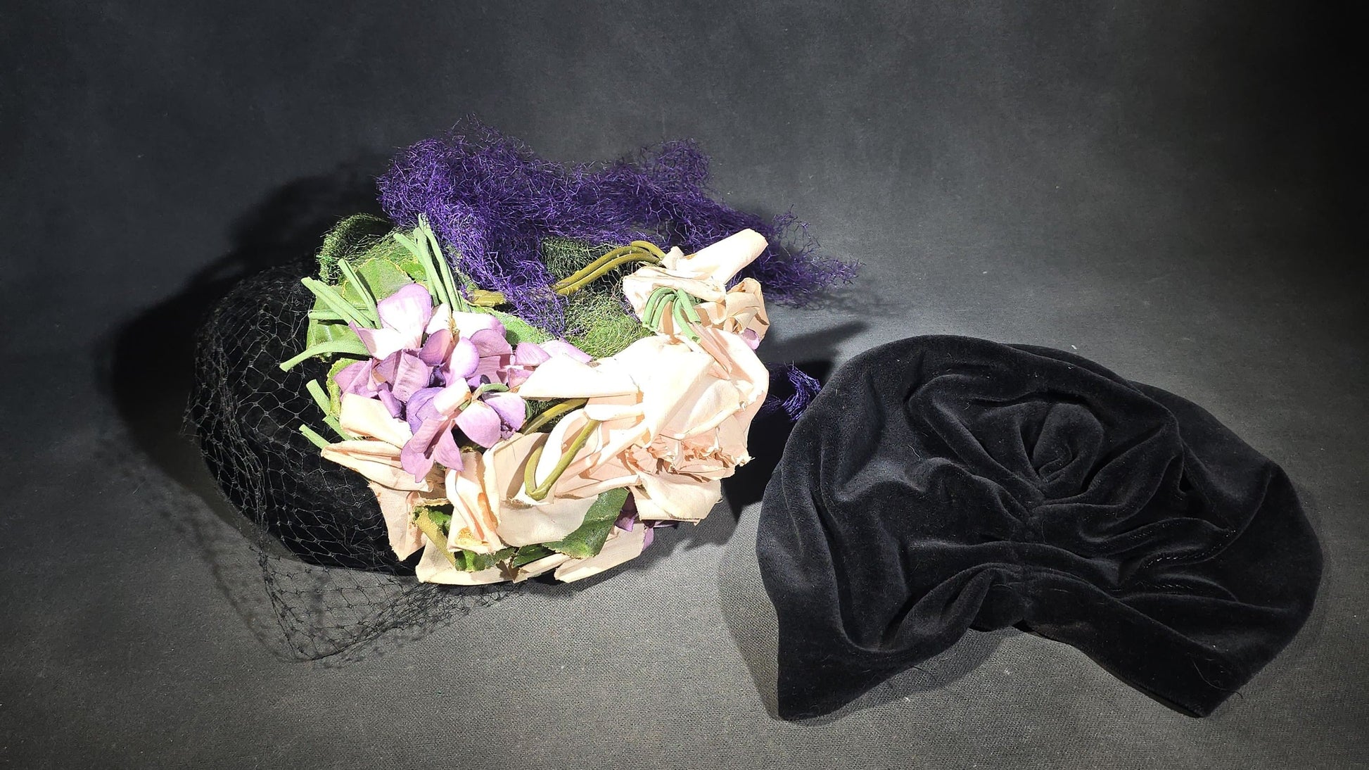Pair of Vintage Ladies' Hats including Black Floral Fascinator with Veil and Black Velvet Turban