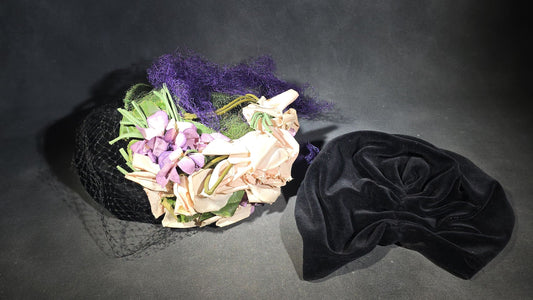 Pair of Vintage Ladies' Hats including Black Floral Fascinator with Veil and Black Velvet Turban