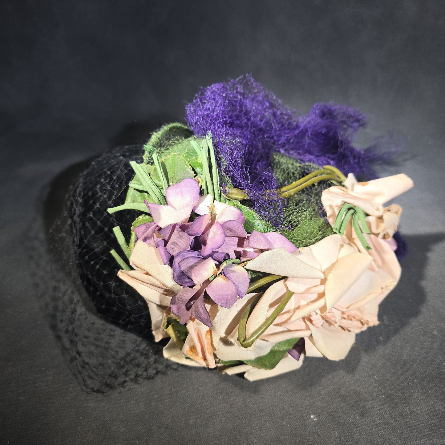 Pair of Vintage Ladies' Hats including Black Floral Fascinator with Veil and Black Velvet Turban