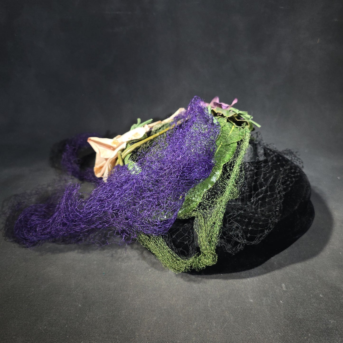 Pair of Vintage Ladies' Hats including Black Floral Fascinator with Veil and Black Velvet Turban