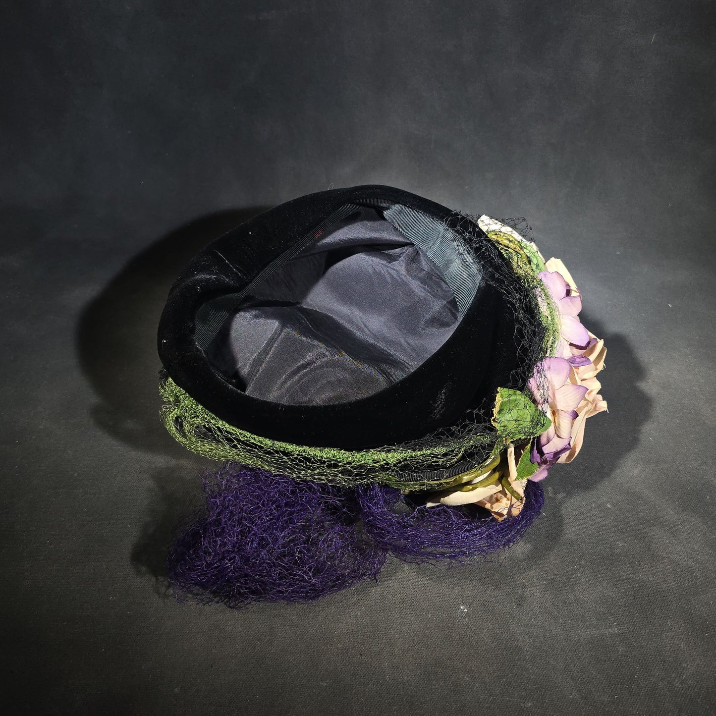 Pair of Vintage Ladies' Hats including Black Floral Fascinator with Veil and Black Velvet Turban