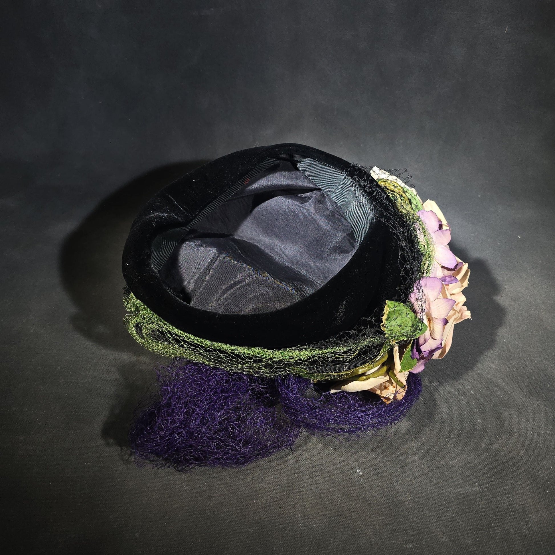 Pair of Vintage Ladies' Hats including Black Floral Fascinator with Veil and Black Velvet Turban
