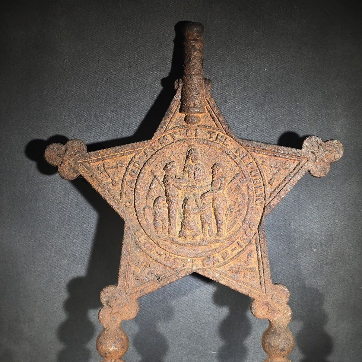 Antique Cast Iron Grand Army of the Republic G.A.R. Five-Pointed Star Grave Marker and Flag Holder with "1861-1866" Civil War Date Range