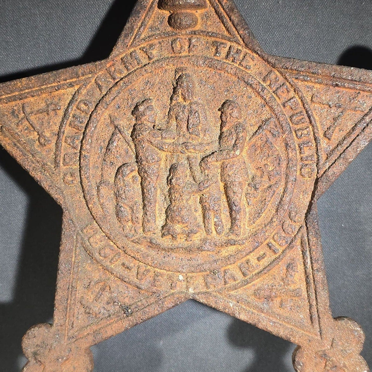 Antique Cast Iron Grand Army of the Republic G.A.R. Five-Pointed Star Grave Marker and Flag Holder with "1861-1866" Civil War Date Range