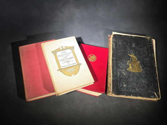 Grouping of Four Antique and Vintage Books including "The Royalty of Friendship" Inscribed to Actor William Gillette at the Garrick Theatre, New York City, 1906, "Captains Courageous" by Rudyard Kipling, and "Spinifex Walkabout"