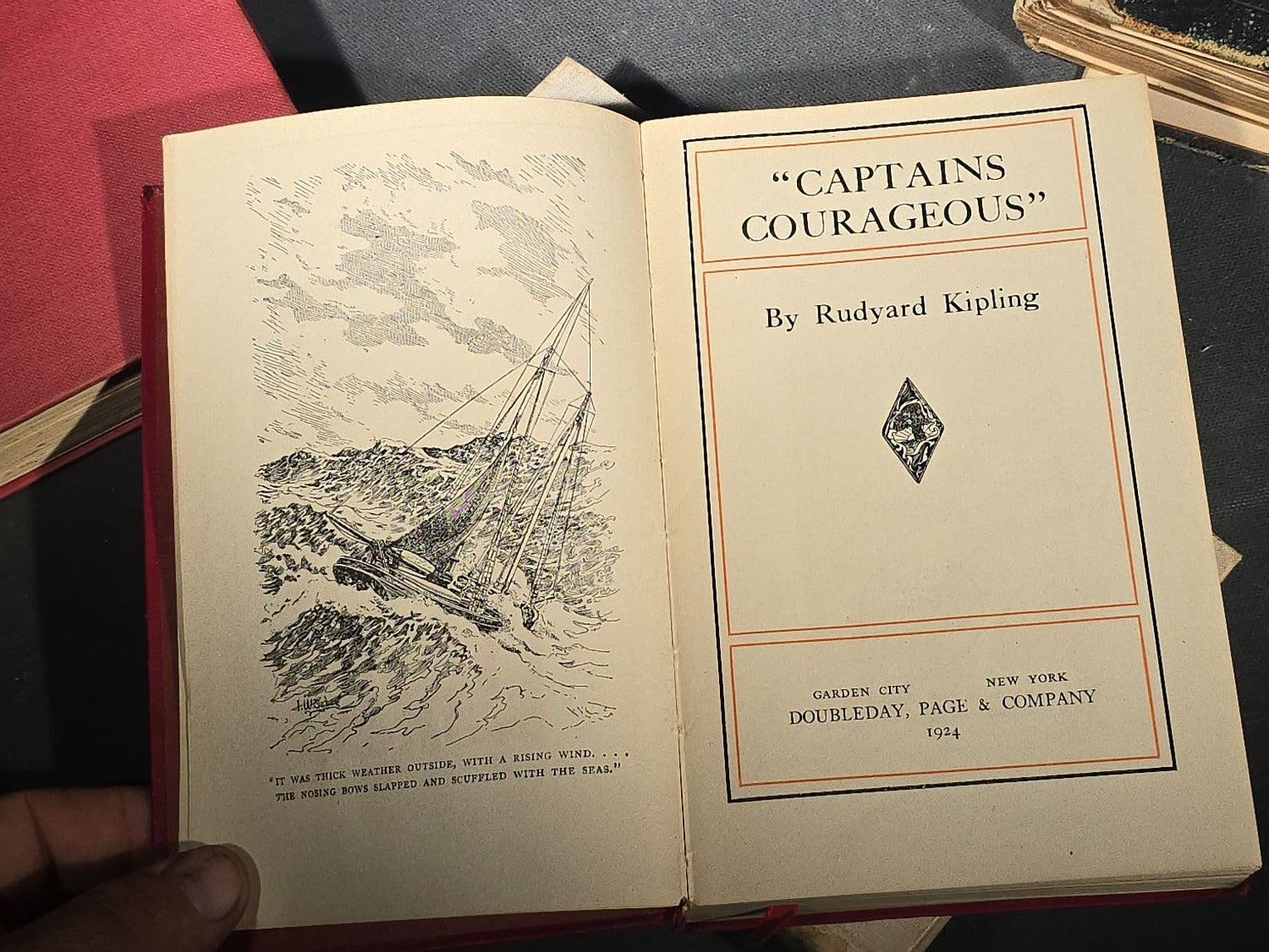 Grouping of Four Antique and Vintage Books including "The Royalty of Friendship" Inscribed to Actor William Gillette at the Garrick Theatre, New York City, 1906, "Captains Courageous" by Rudyard Kipling, and "Spinifex Walkabout"