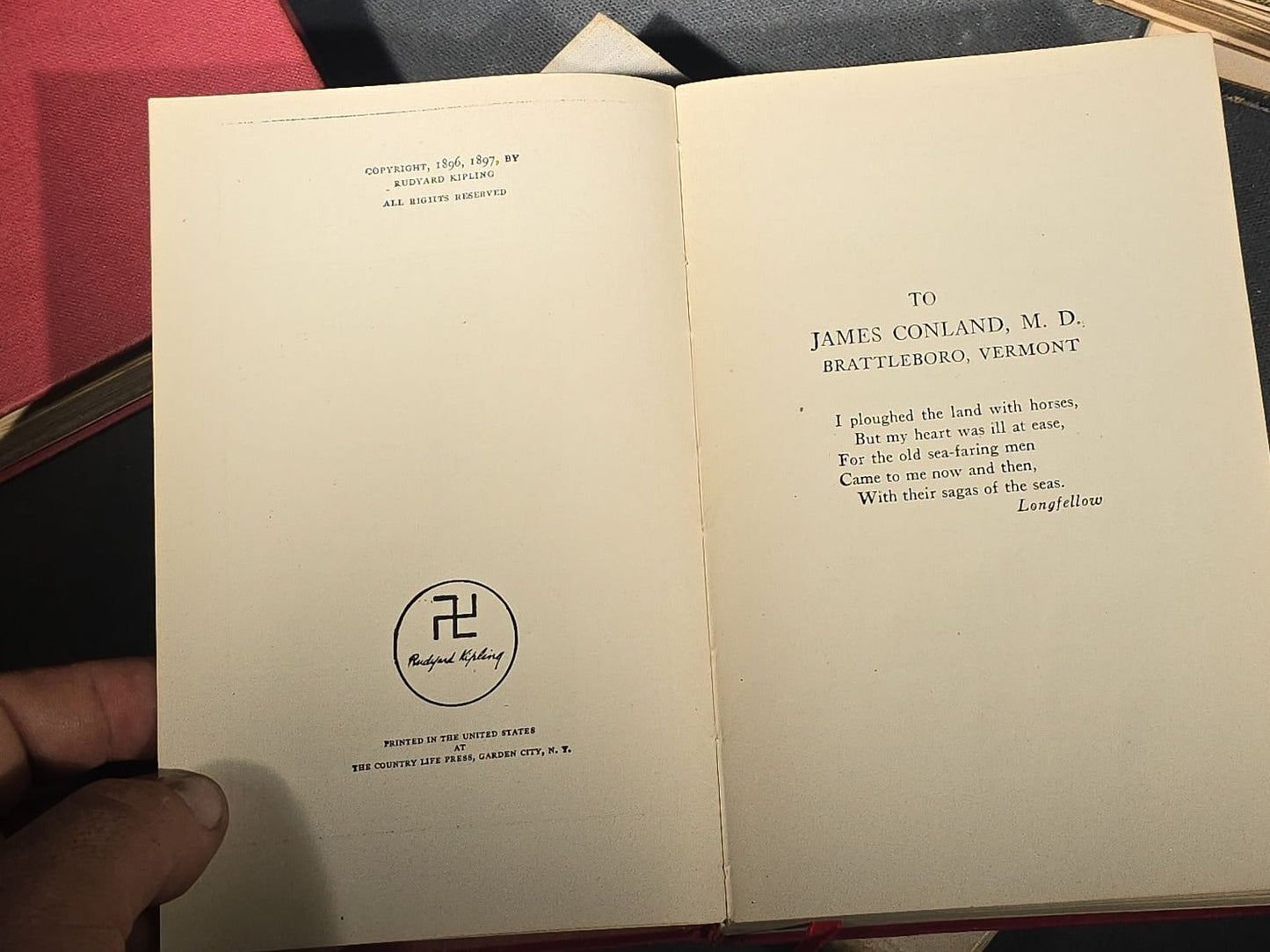 Grouping of Four Antique and Vintage Books including "The Royalty of Friendship" Inscribed to Actor William Gillette at the Garrick Theatre, New York City, 1906, "Captains Courageous" by Rudyard Kipling, and "Spinifex Walkabout"