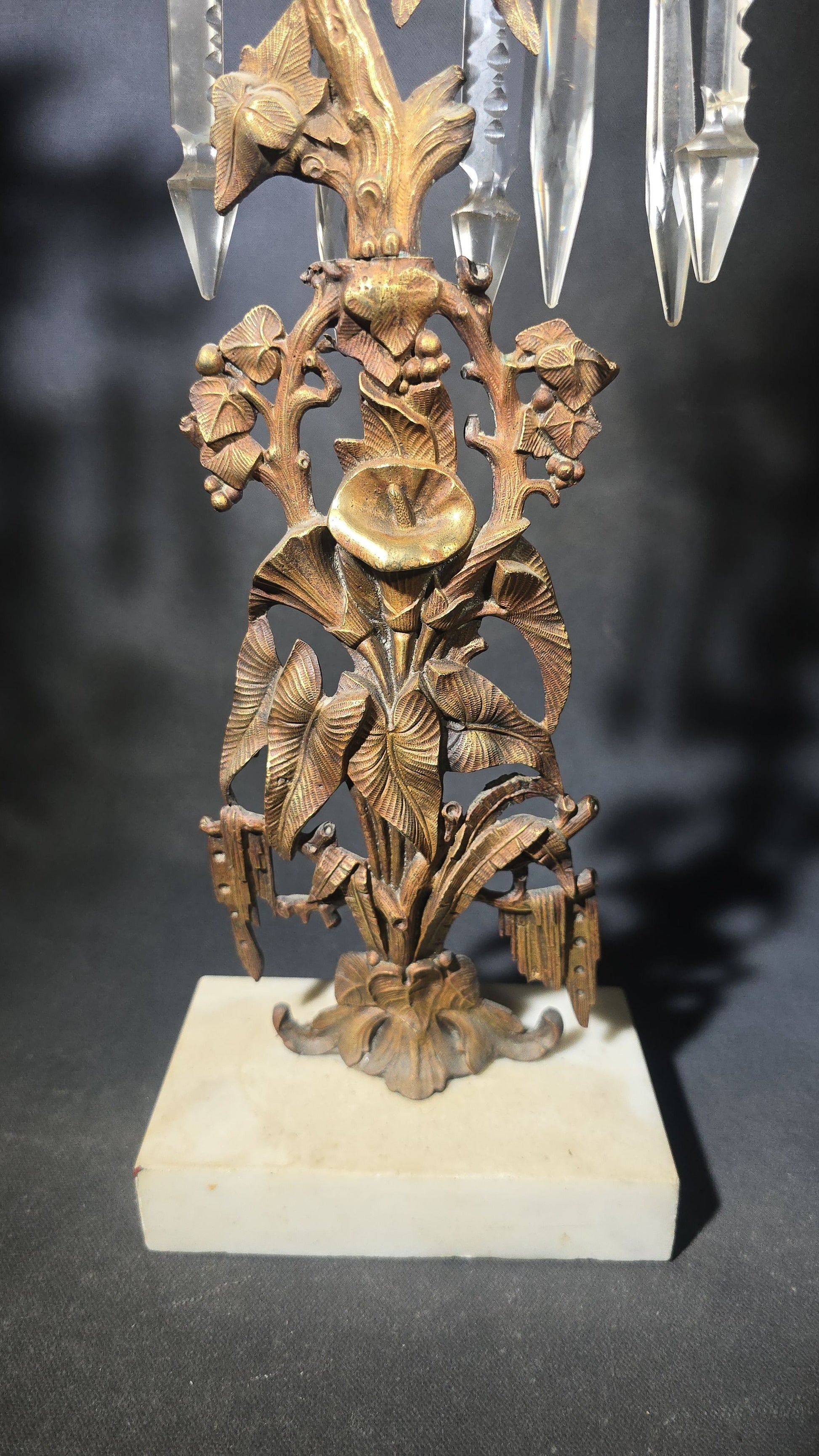 Antique Gilt Brass Girandole Candlestick with Crystal Prisms on Marble Base, Grapevine and Floral Motif, Missing Some Crystals