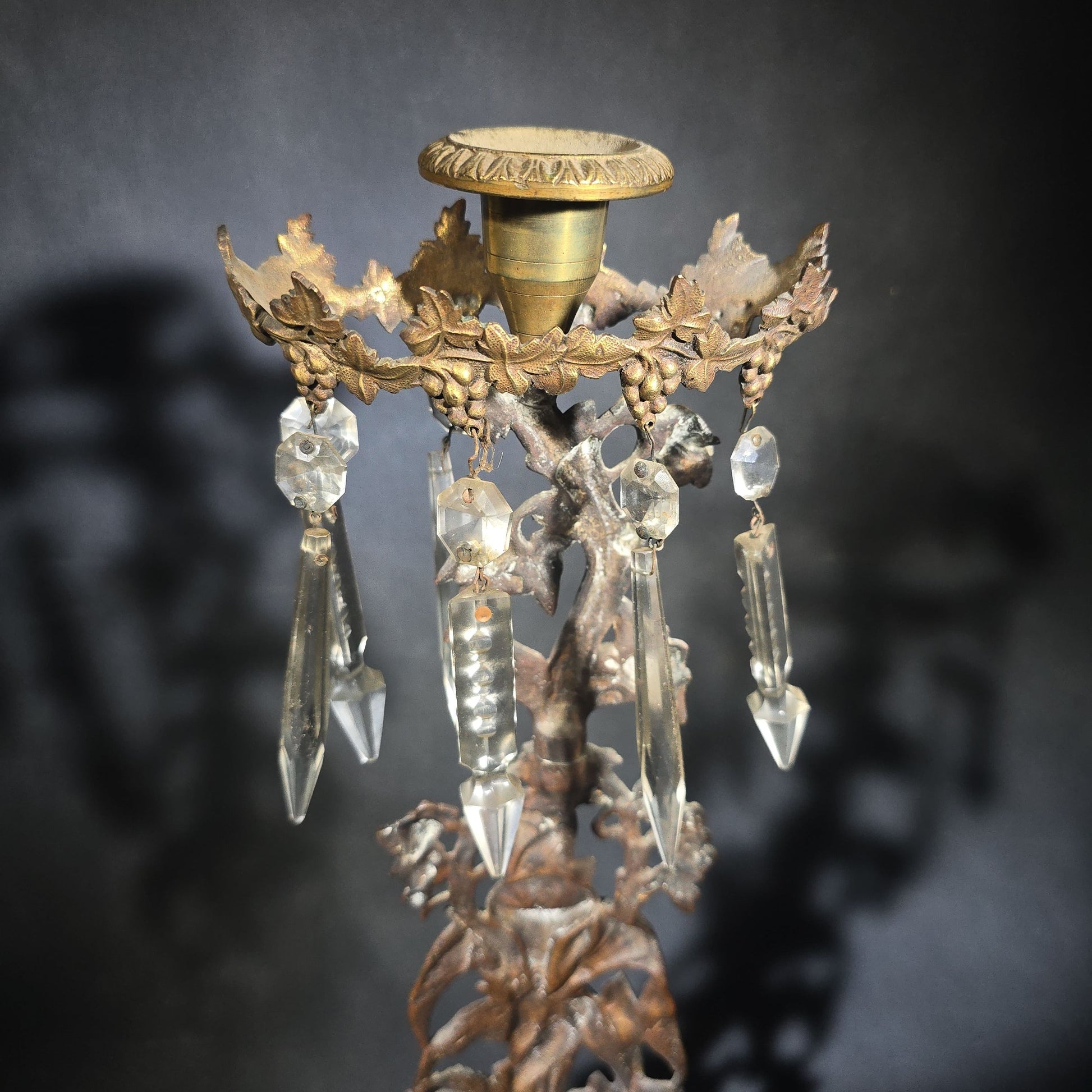 Antique Gilt Brass Girandole Candlestick with Crystal Prisms on Marble Base, Grapevine and Floral Motif, Missing Some Crystals