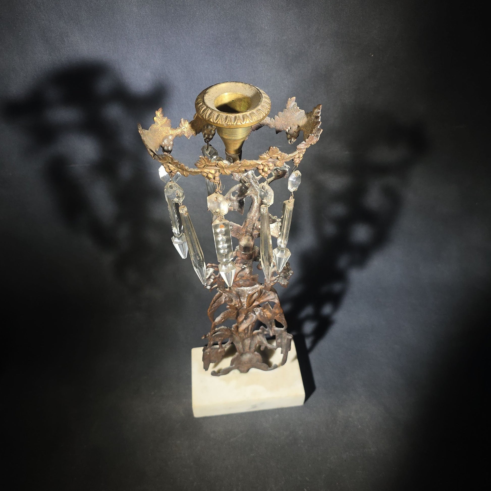 Antique Gilt Brass Girandole Candlestick with Crystal Prisms on Marble Base, Grapevine and Floral Motif, Missing Some Crystals