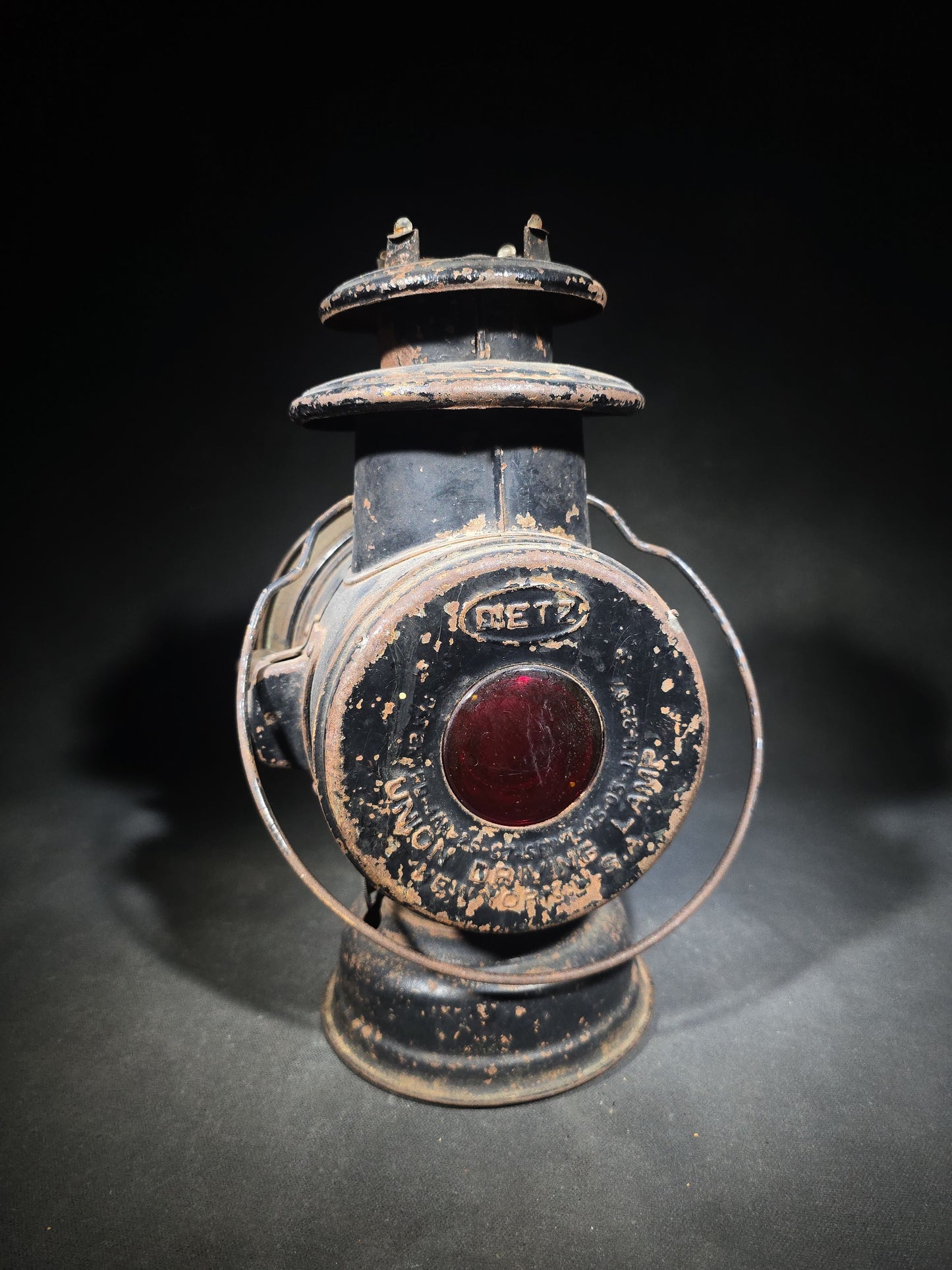 Antique Dietz Union Driving Lamp Oil-Burning Carriage Lantern with Bullseye Lens and Red Rear Glass, Manufactured by R.E. Dietz, New York