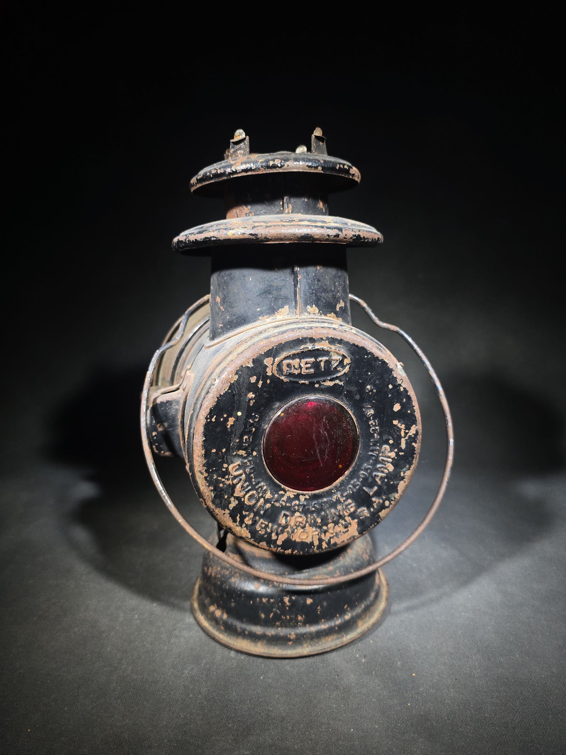 Antique Dietz Union Driving Lamp Oil-Burning Carriage Lantern with Bullseye Lens and Red Rear Glass, Manufactured by R.E. Dietz, New York