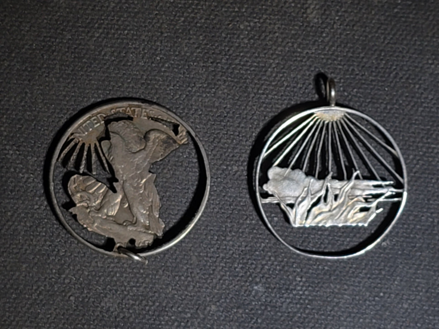 Pair of Vintage Cut-Out Coin Pendants including 1941 Walking Liberty Half Dollar and Landscape with Sunburst Rays, Coin Silver