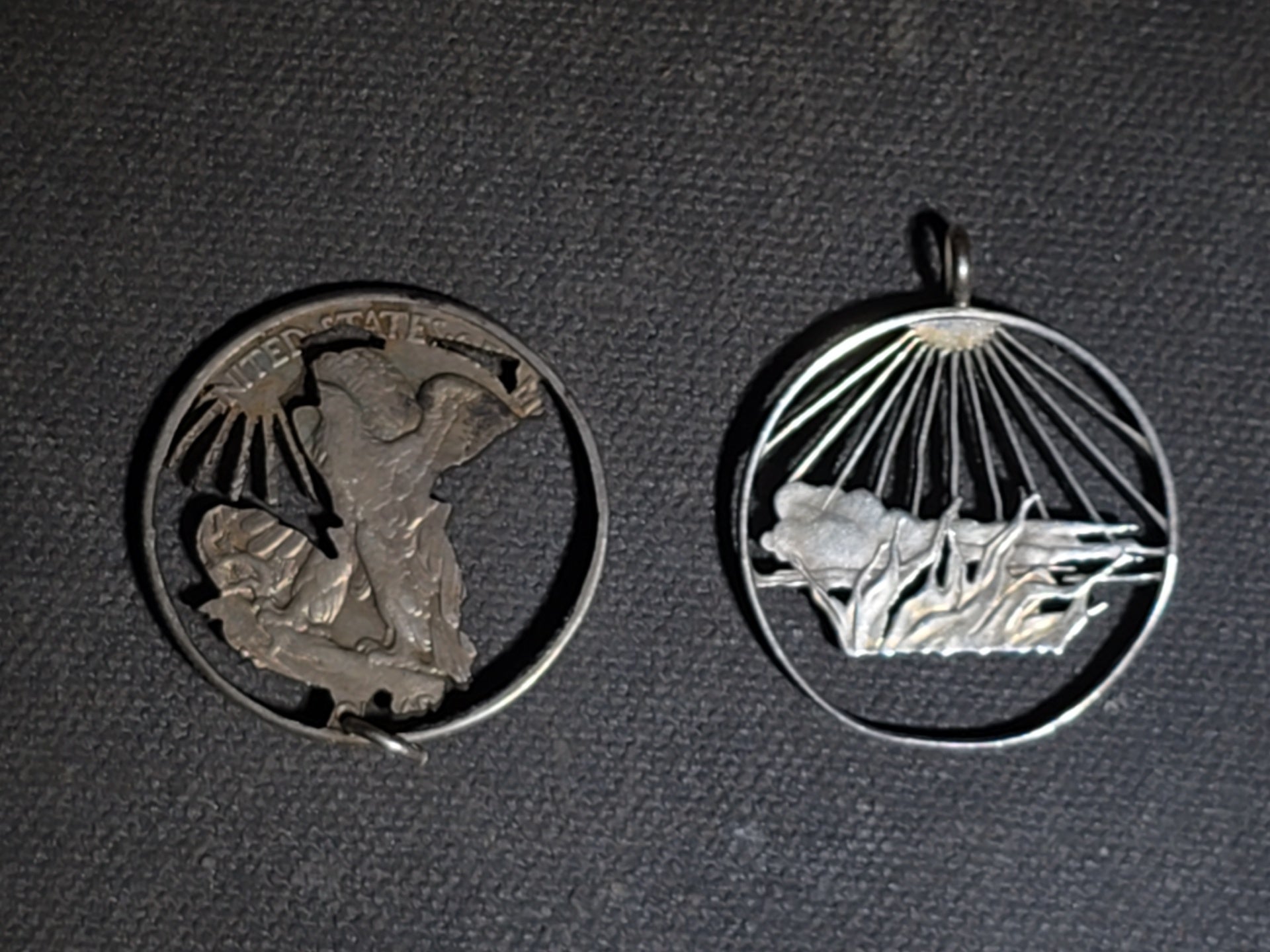 Pair of Vintage Cut-Out Coin Pendants including 1941 Walking Liberty Half Dollar and Landscape with Sunburst Rays, Coin Silver