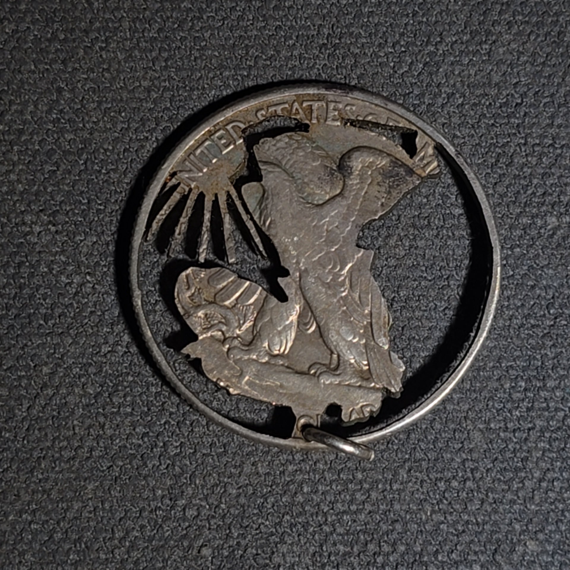 Pair of Vintage Cut-Out Coin Pendants including 1941 Walking Liberty Half Dollar and Landscape with Sunburst Rays, Coin Silver