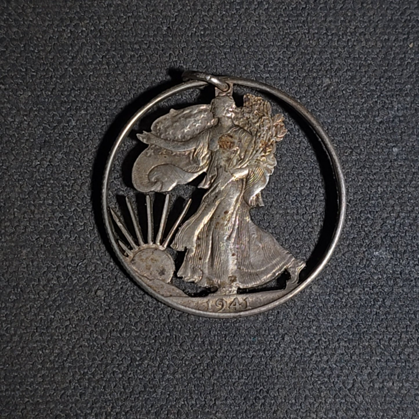 Pair of Vintage Cut-Out Coin Pendants including 1941 Walking Liberty Half Dollar and Landscape with Sunburst Rays, Coin Silver