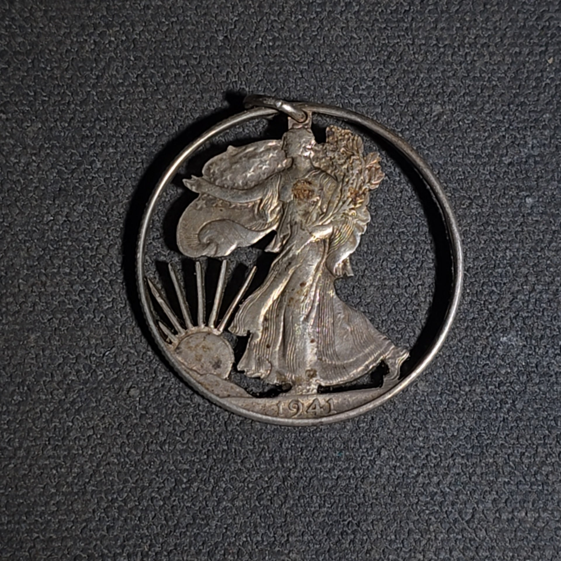 Pair of Vintage Cut-Out Coin Pendants including 1941 Walking Liberty Half Dollar and Landscape with Sunburst Rays, Coin Silver
