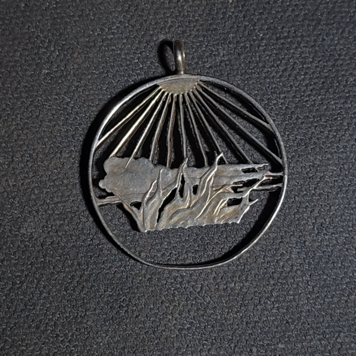 Pair of Vintage Cut-Out Coin Pendants including 1941 Walking Liberty Half Dollar and Landscape with Sunburst Rays, Coin Silver