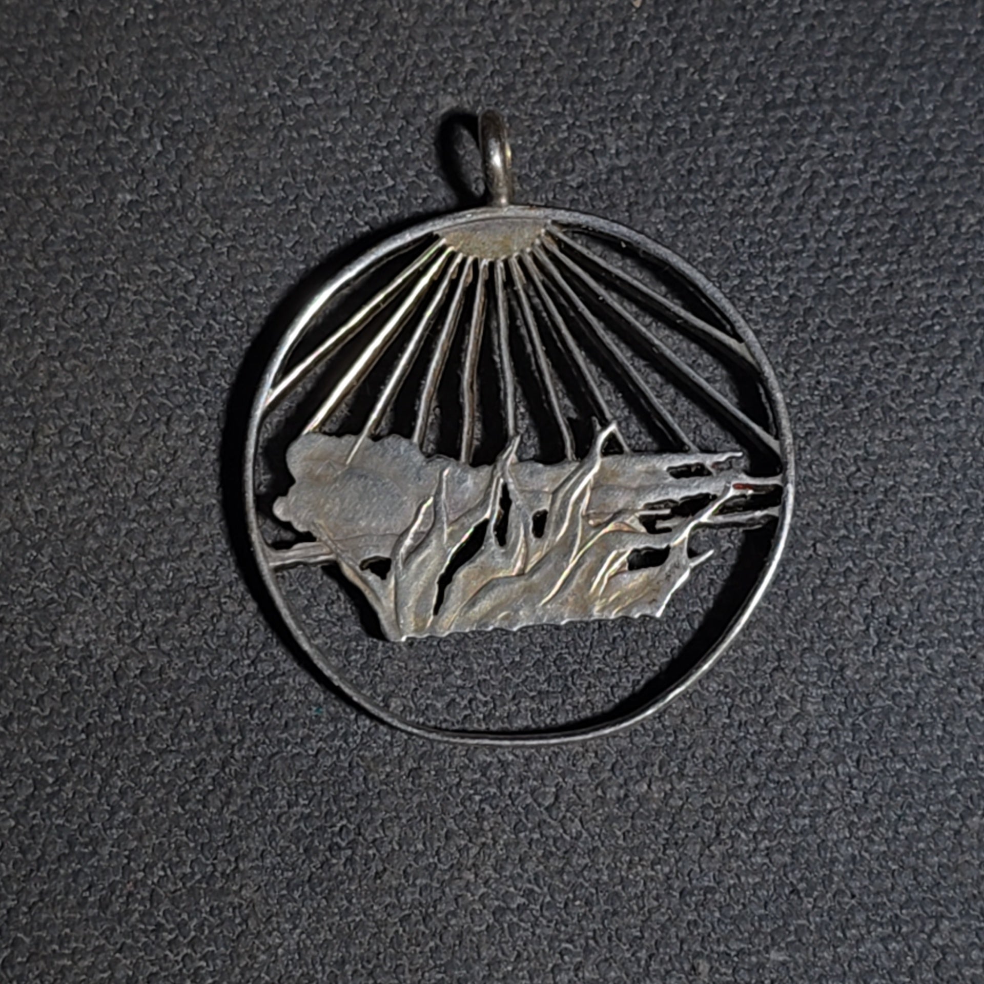 Pair of Vintage Cut-Out Coin Pendants including 1941 Walking Liberty Half Dollar and Landscape with Sunburst Rays, Coin Silver