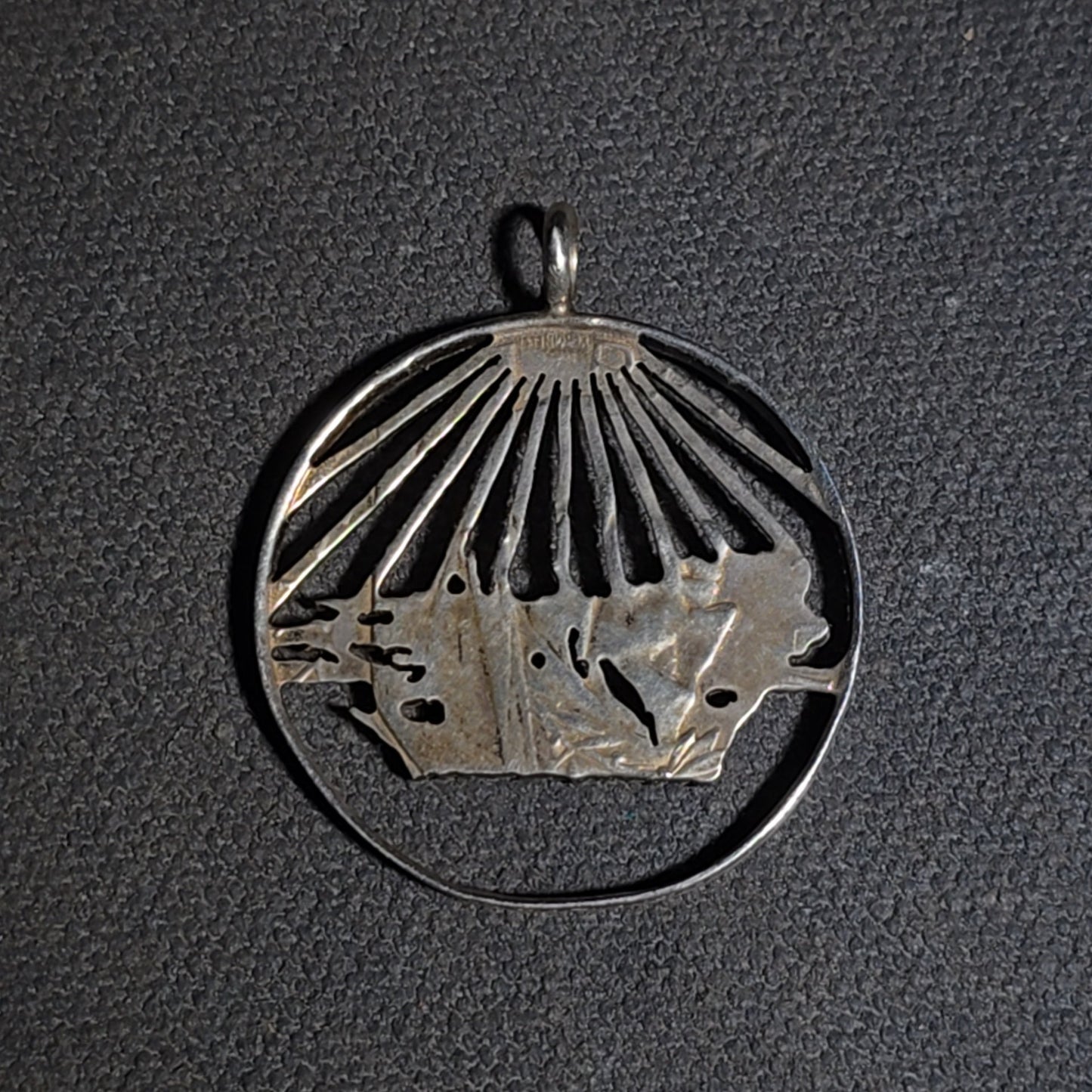 Pair of Vintage Cut-Out Coin Pendants including 1941 Walking Liberty Half Dollar and Landscape with Sunburst Rays, Coin Silver