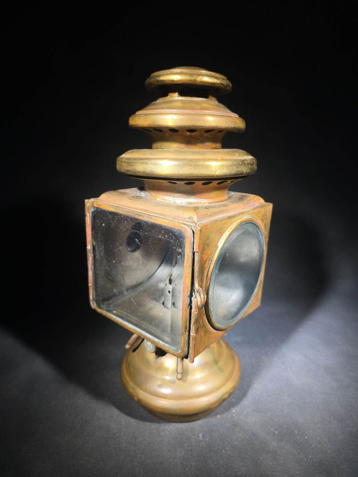 Antique Brass Automobile Side Lamp with Round Bull's-Eye Lens and Red Rear Jewel, Manufactured by E. & J., Detroit, Michigan, Patented December 9, 1908