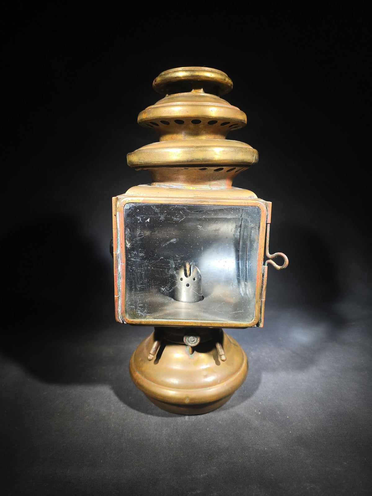 Antique Brass Automobile Side Lamp with Round Bull's-Eye Lens and Red Rear Jewel, Manufactured by E. & J., Detroit, Michigan, Patented December 9, 1908