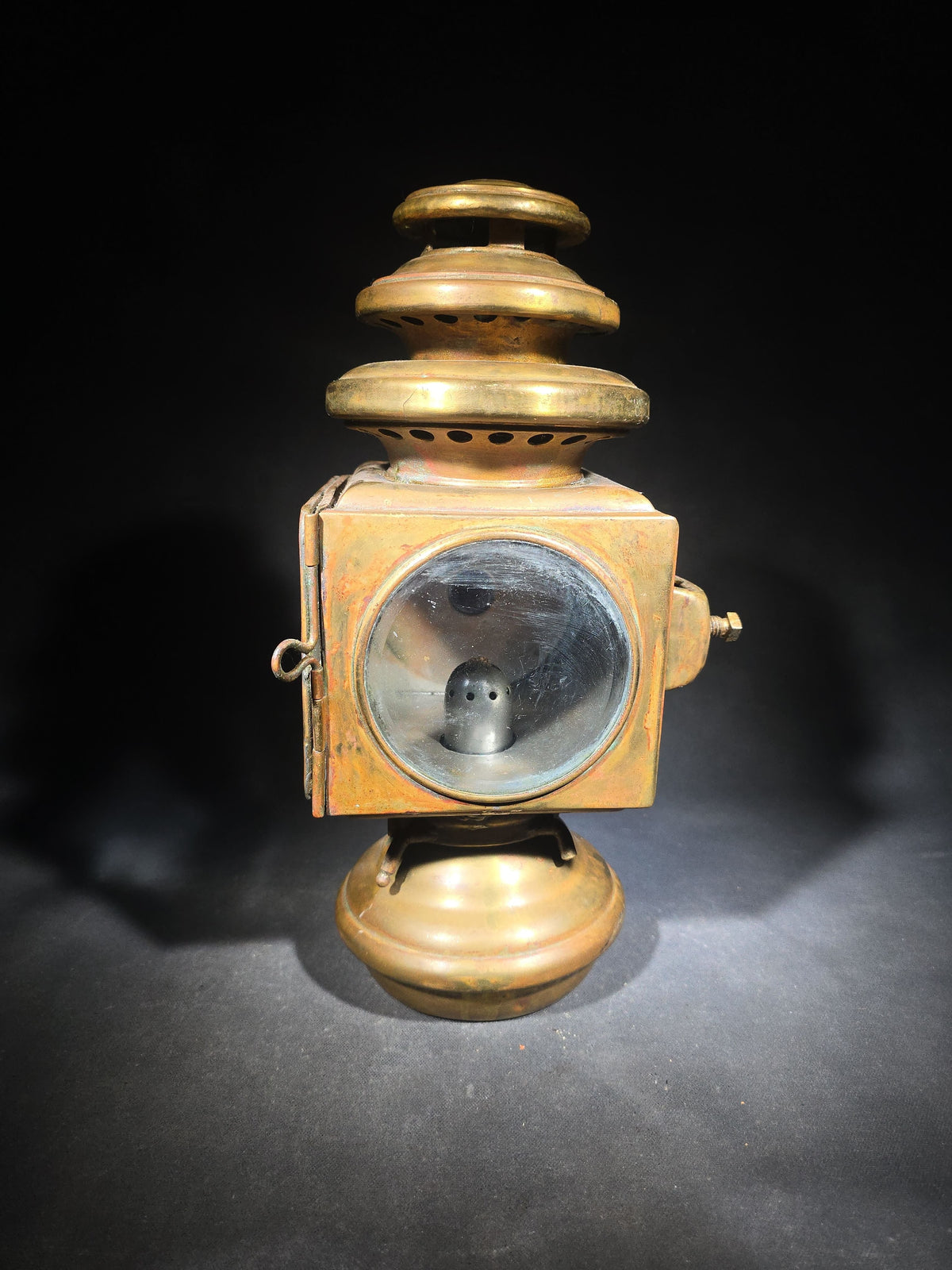 Antique Brass Automobile Side Lamp with Round Bull's-Eye Lens and Red Rear Jewel, Manufactured by E. & J., Detroit, Michigan, Patented December 9, 1908