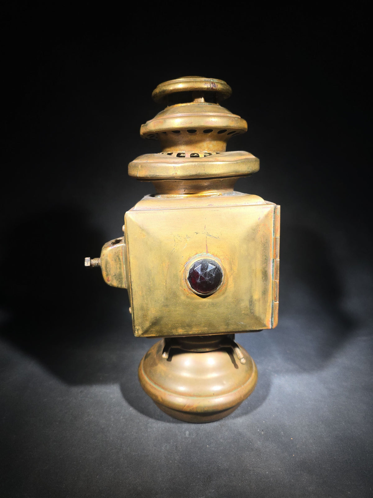 Antique Brass Automobile Side Lamp with Round Bull's-Eye Lens and Red Rear Jewel, Manufactured by E. & J., Detroit, Michigan, Patented December 9, 1908