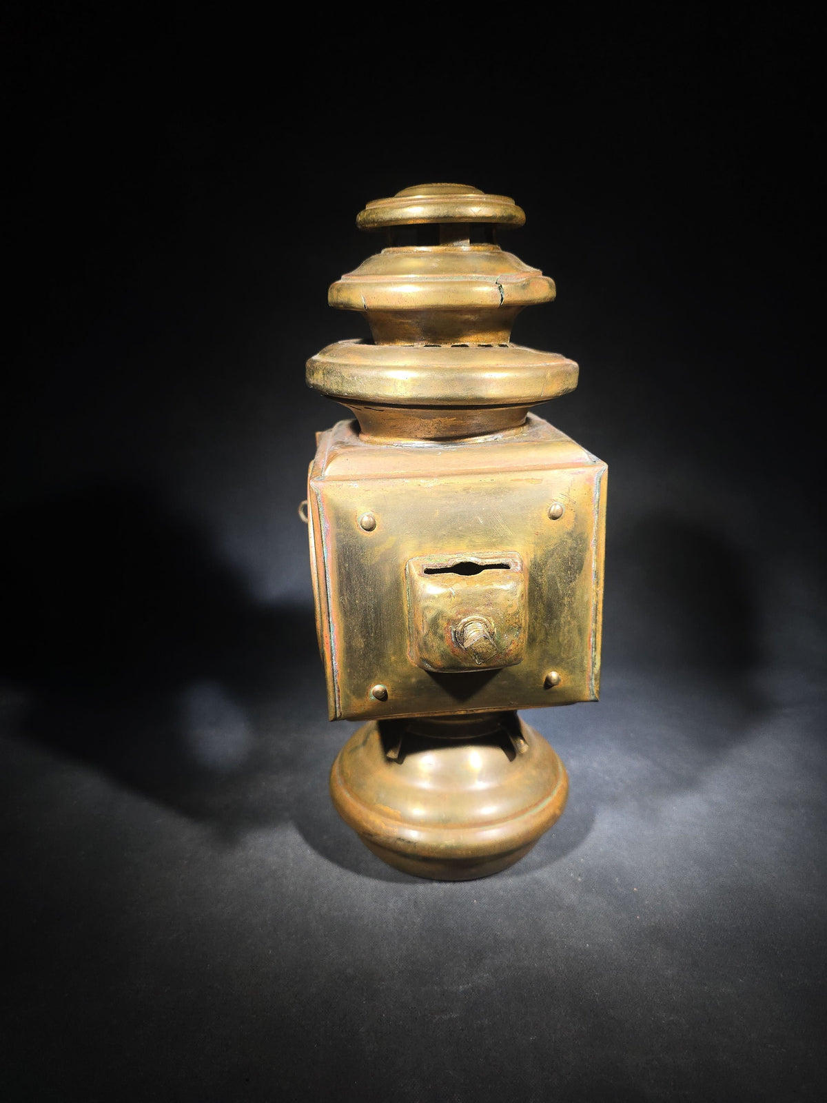 Antique Brass Automobile Side Lamp with Round Bull's-Eye Lens and Red Rear Jewel, Manufactured by E. & J., Detroit, Michigan, Patented December 9, 1908