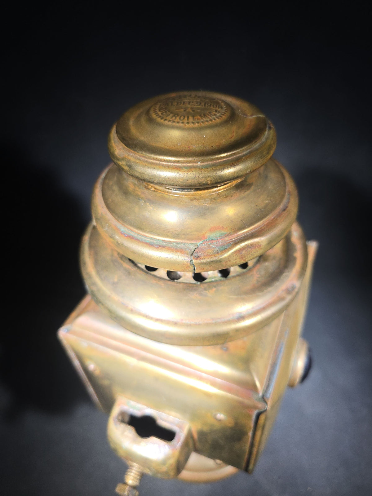 Antique Brass Automobile Side Lamp with Round Bull's-Eye Lens and Red Rear Jewel, Manufactured by E. & J., Detroit, Michigan, Patented December 9, 1908
