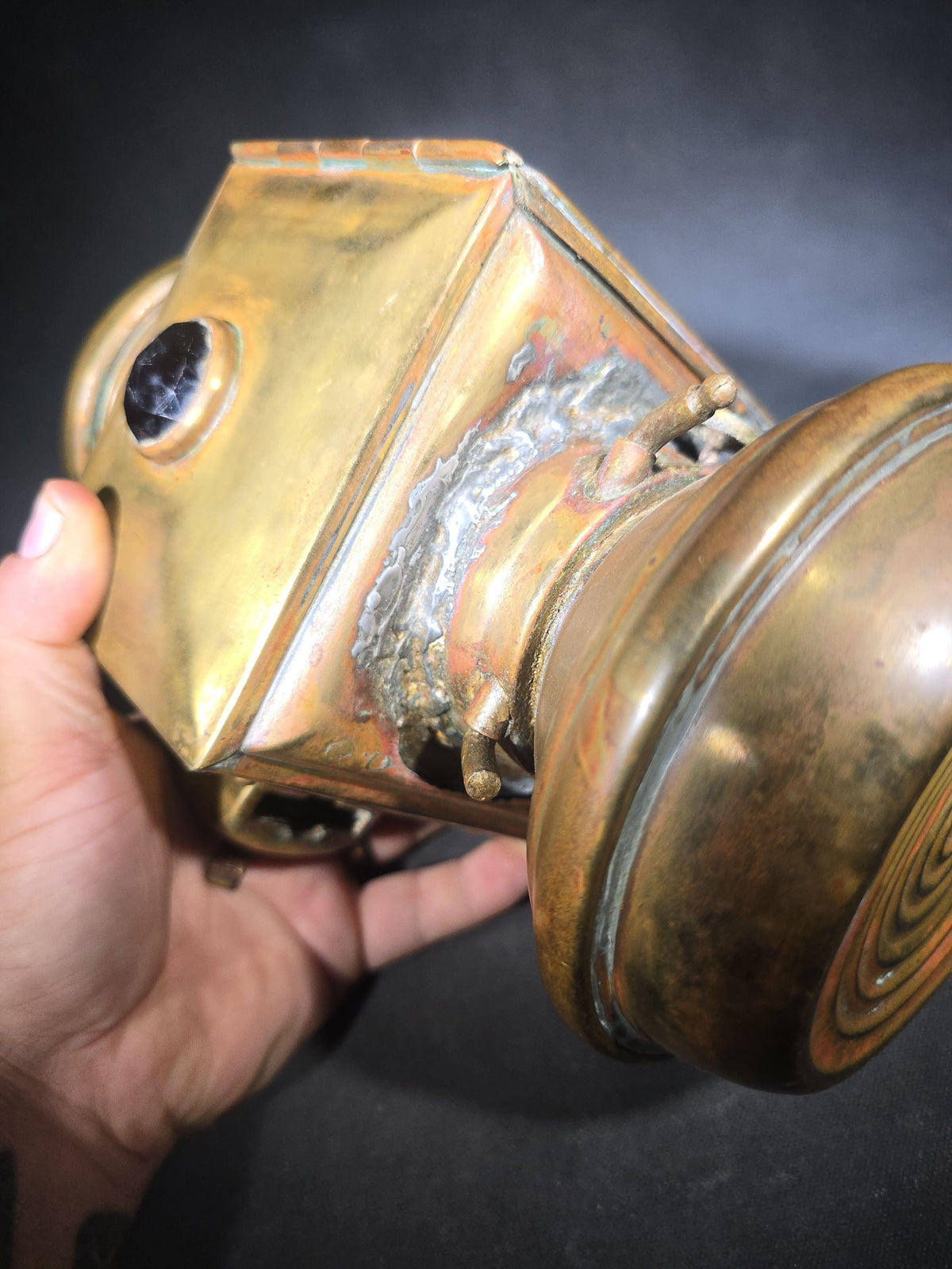 Antique Brass Automobile Side Lamp with Round Bull's-Eye Lens and Red Rear Jewel, Manufactured by E. & J., Detroit, Michigan, Patented December 9, 1908
